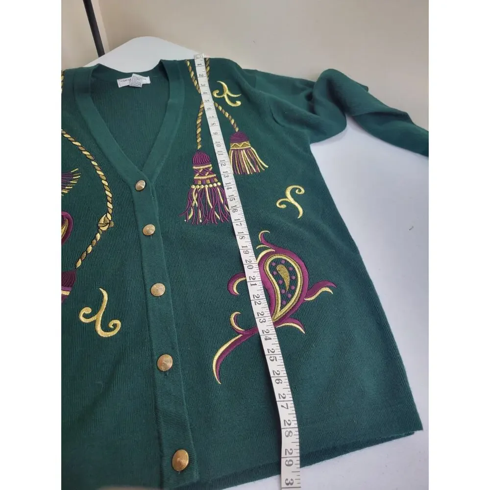 Casual Corner Green Embroidered Wool‎ Blend Cardigan Sweater Women's Size Large